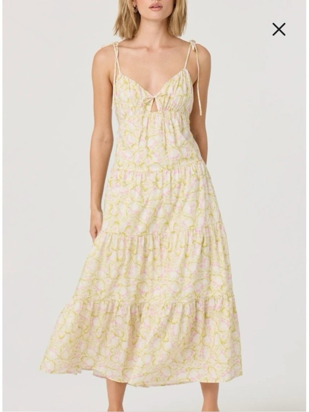 ASTR the Label Tie Strap Tiered Maxi Dress in a yellow floral print.